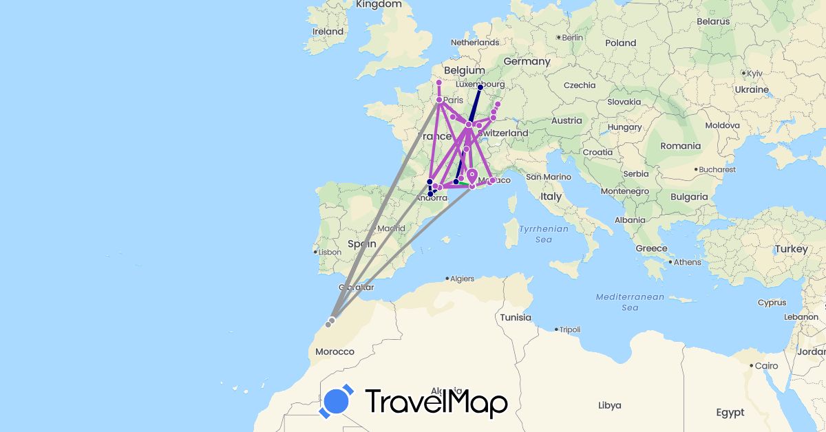 TravelMap itinerary: driving, bus, plane, train in France, Luxembourg, Morocco, Monaco (Africa, Europe)